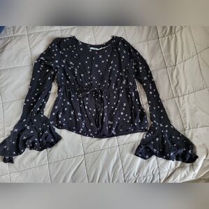 Kimchi Blue Black Boho Plunge Bell Sleeve Blouse